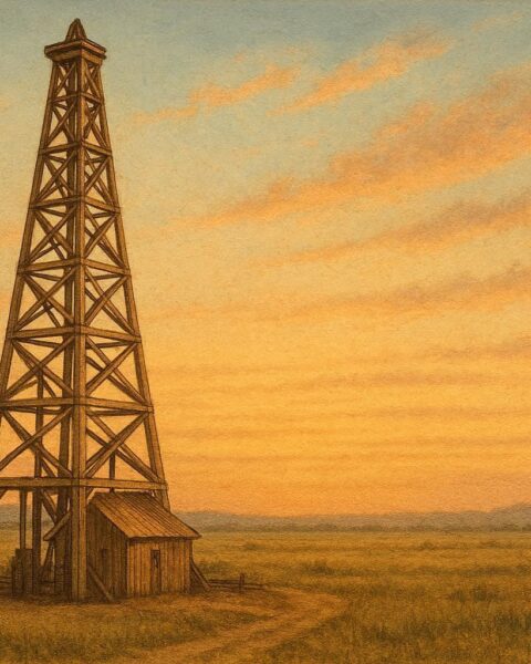 Kemp (Gib) Morgan oil field legend represented by a massive early Texas oil derrick symbolizing industrial strength and frontier exploration