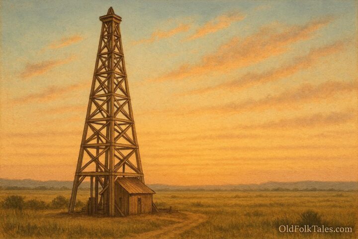 Kemp (Gib) Morgan oil field legend represented by a massive early Texas oil derrick symbolizing industrial strength and frontier exploration