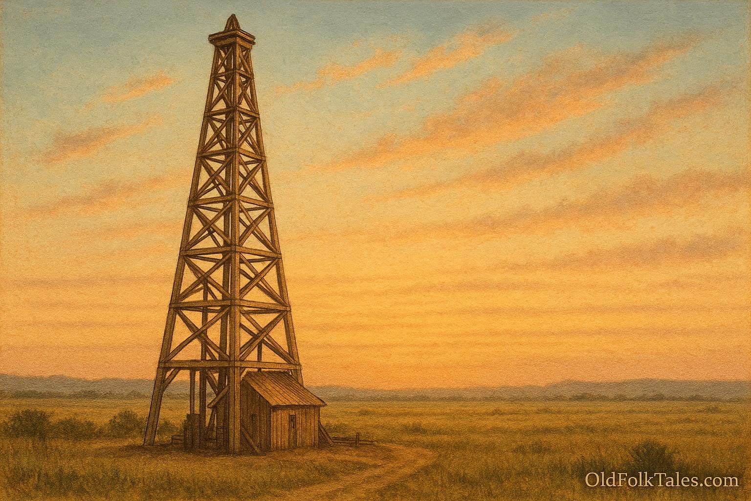 Kemp (Gib) Morgan oil field legend represented by a massive early Texas oil derrick symbolizing industrial strength and frontier exploration
