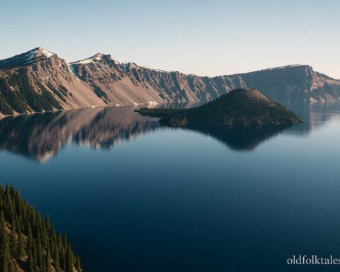 Scenic view of Crater Lake and surrounding mountains representing K’mukamtch’s creation in Klamath tradition.