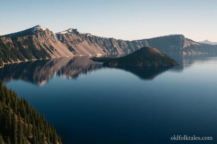 Scenic view of Crater Lake and surrounding mountains representing K’mukamtch’s creation in Klamath tradition.