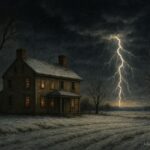 Snow-covered colonial farmland at night with lightning flashing across a dark winter sky, wooden farmhouse and bare trees in the foreground.