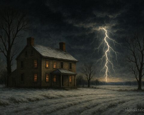 Snow-covered colonial farmland at night with lightning flashing across a dark winter sky, wooden farmhouse and bare trees in the foreground.