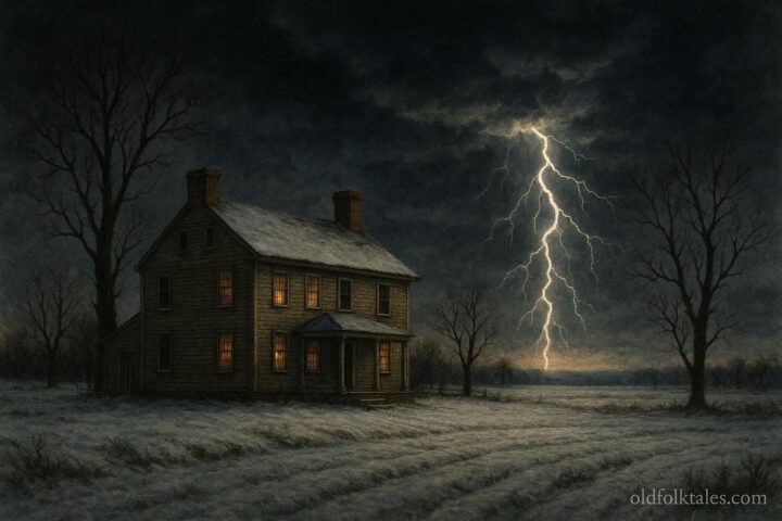 Snow-covered colonial farmland at night with lightning flashing across a dark winter sky, wooden farmhouse and bare trees in the foreground.