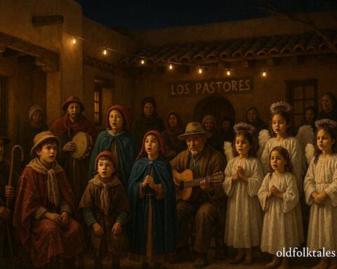 Community members performing Los Pastores nativity play in a Southwestern courtyard with costumes and musical instruments