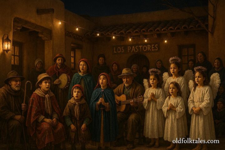 Community members performing Los Pastores nativity play in a Southwestern courtyard with costumes and musical instruments