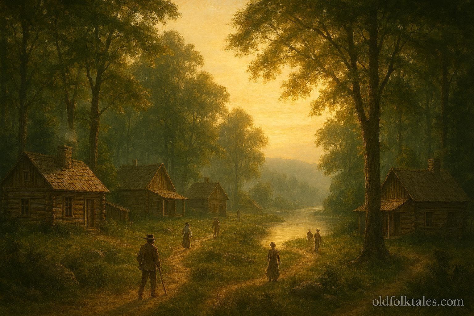 19th-century Wisconsin frontier village with forests and log cabins, representing Eleazer Williams and the legend of the Lost Dauphin.