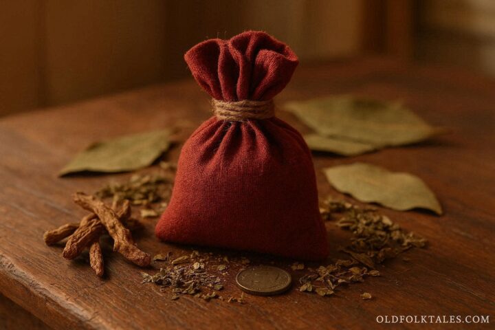 A handmade red cloth gris-gris protection bag filled with herbs and roots resting on a wooden table in a Louisiana Creole home.
