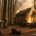 Late winter forest with maple sap collection and boiling kettles during traditional sugaring season