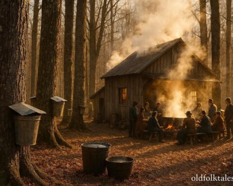 Late winter forest with maple sap collection and boiling kettles during traditional sugaring season