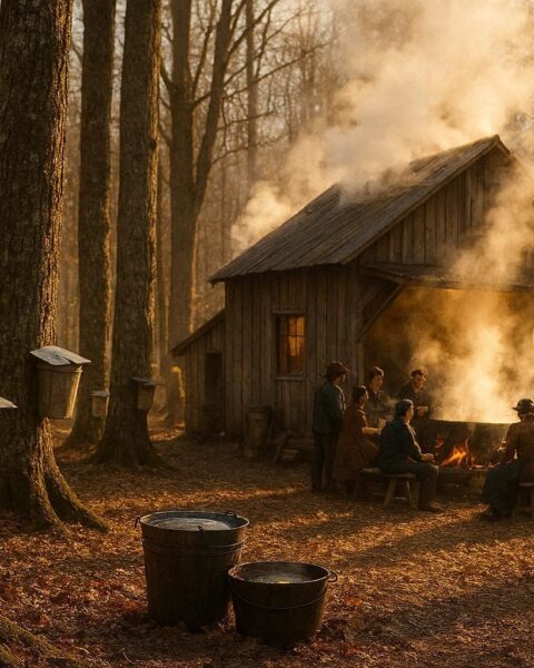 Late winter forest with maple sap collection and boiling kettles during traditional sugaring season