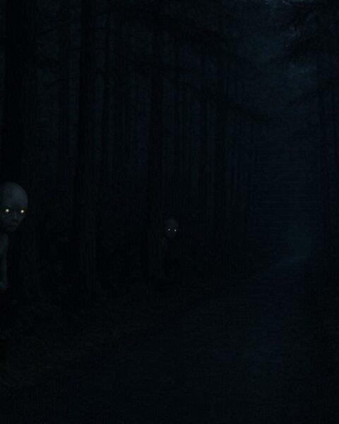 Small humanoid figures with oversized heads watching a quiet forest road in the Connecticut woods at night.