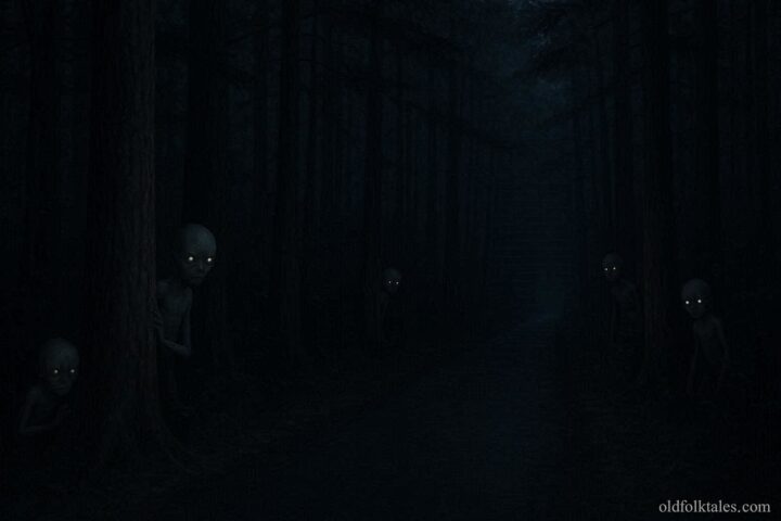 Small humanoid figures with oversized heads watching a quiet forest road in the Connecticut woods at night.