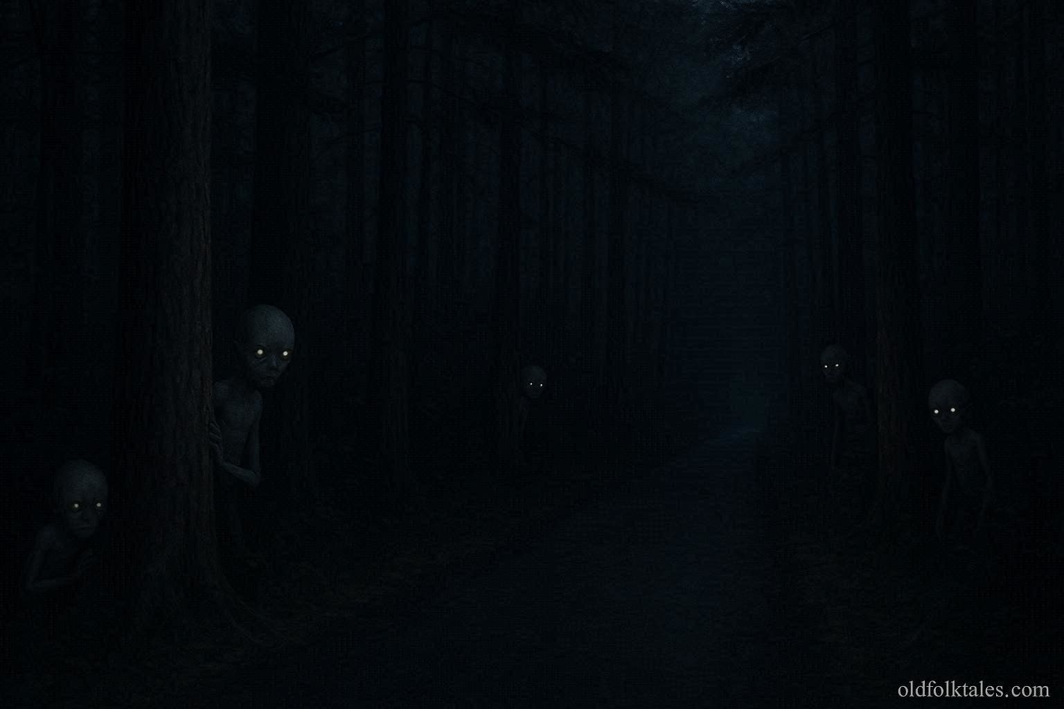 Small humanoid figures with oversized heads watching a quiet forest road in the Connecticut woods at night.