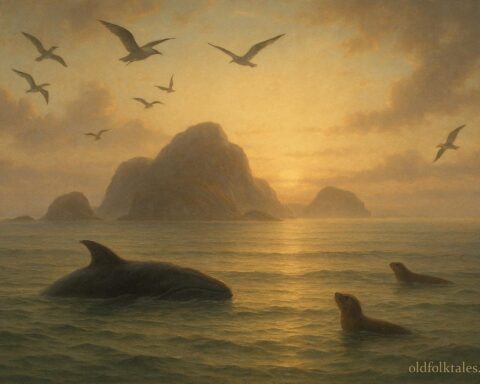 A peaceful dawn scene showing land rising from the ocean with sea animals and birds symbolizing Mi’kmaq creation tradition.