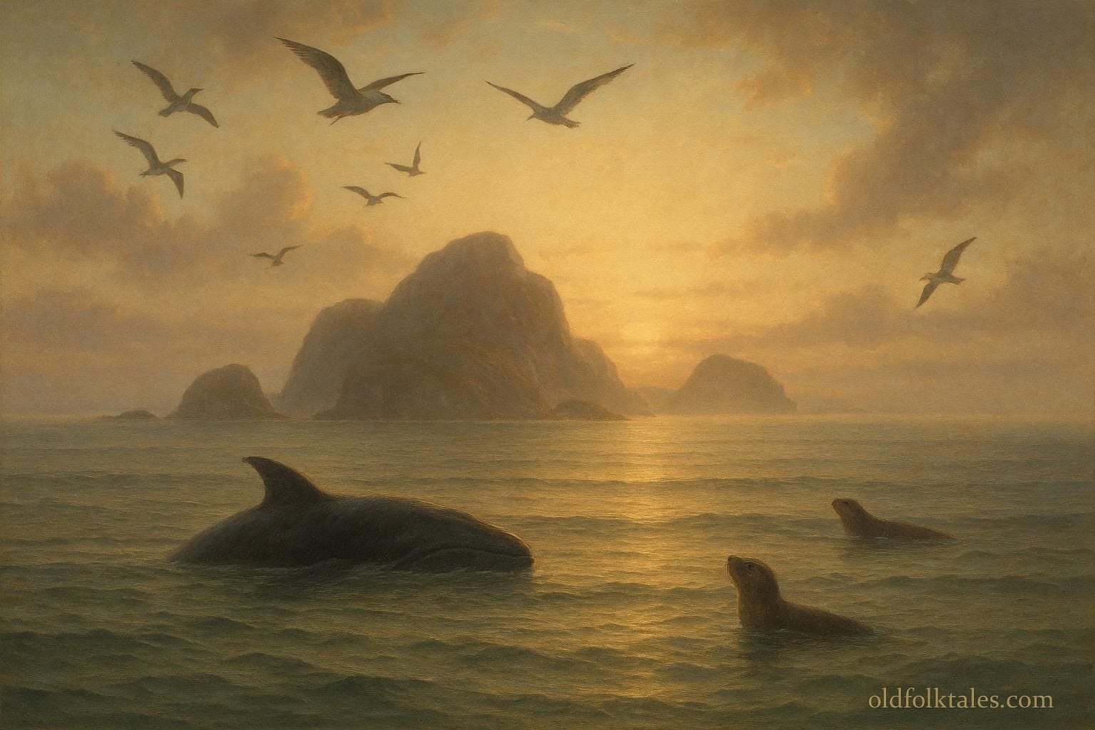 A peaceful dawn scene showing land rising from the ocean with sea animals and birds symbolizing Mi’kmaq creation tradition.