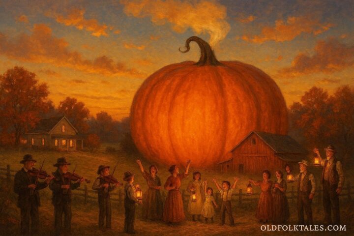 A giant steaming pumpkin towering over a Tennessee town during a fall festival celebration.