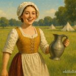 Molly Pitcher carrying water to support soldiers during the Revolutionary War, educational depiction of her courage and service