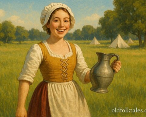 Molly Pitcher carrying water to support soldiers during the Revolutionary War, educational depiction of her courage and service