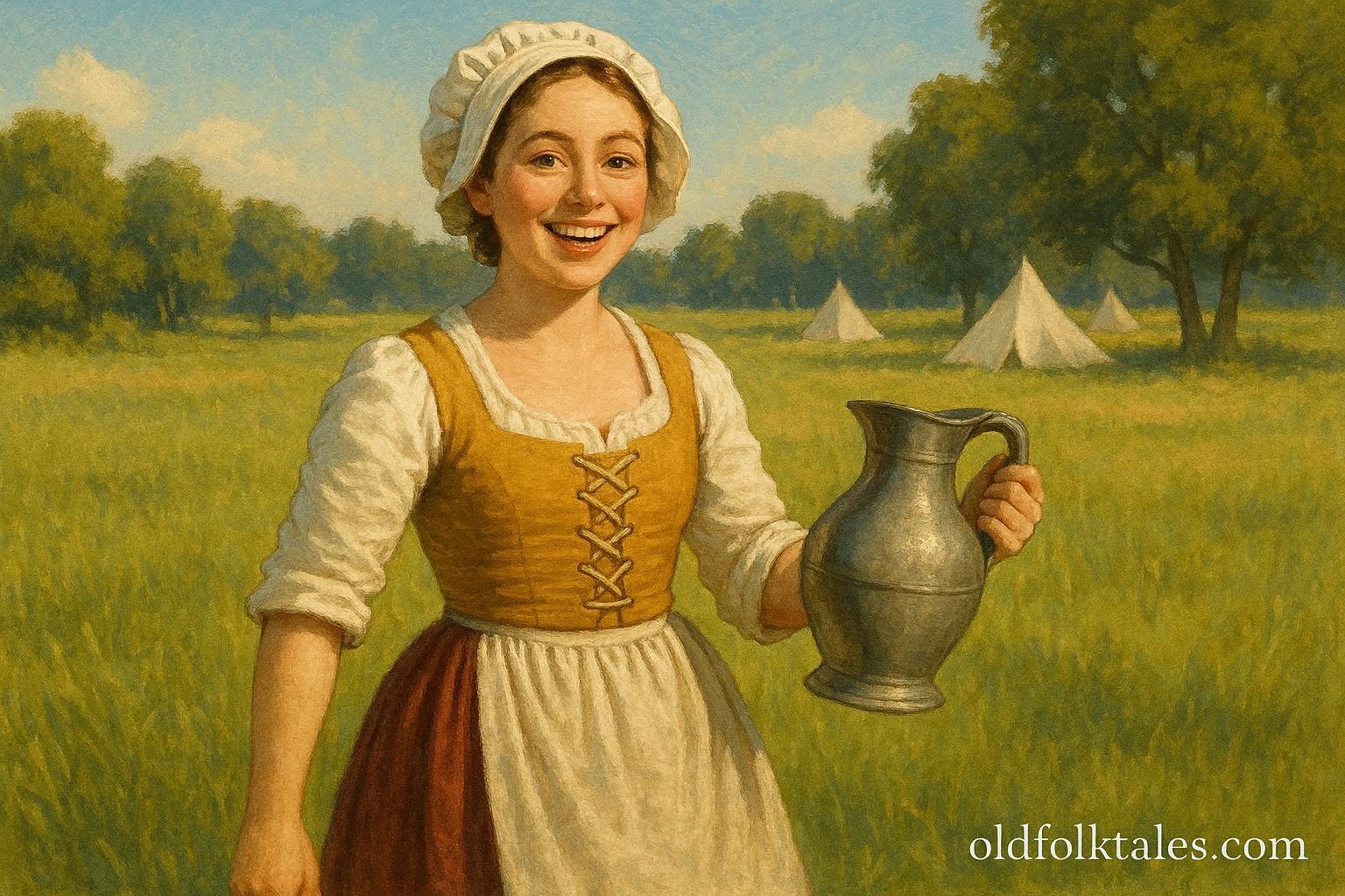 Molly Pitcher carrying water to support soldiers during the Revolutionary War, educational depiction of her courage and service