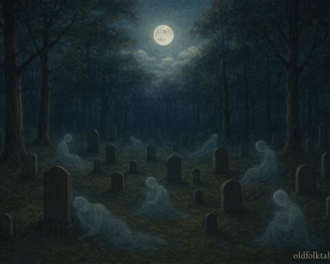 Moonlight illuminating a forest burial ground with peaceful spirits, representing a Native American belief in the moon as guardian of the dead