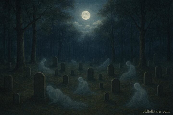 Moonlight illuminating a forest burial ground with peaceful spirits, representing a Native American belief in the moon as guardian of the dead