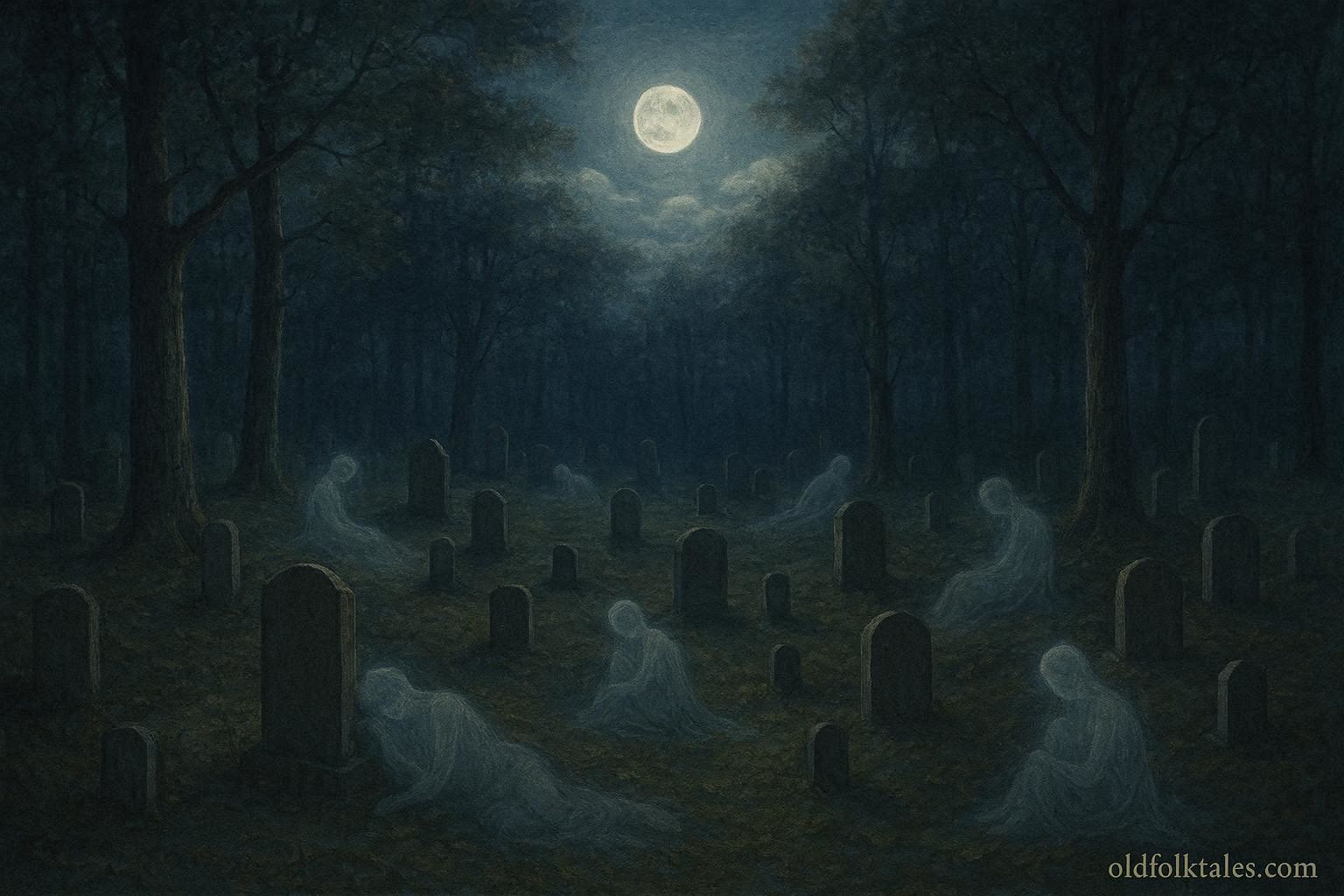 Moonlight illuminating a forest burial ground with peaceful spirits, representing a Native American belief in the moon as guardian of the dead