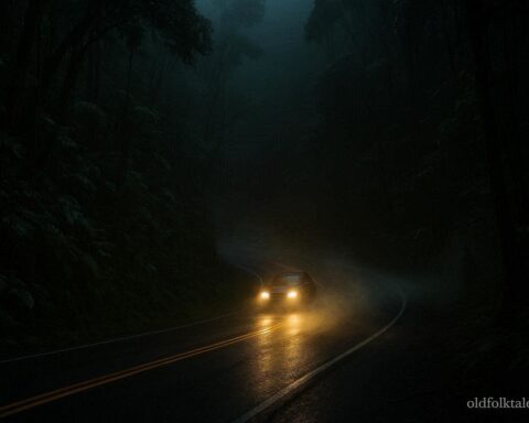 Dark misty mountain road with sharp curve in Hawaiian forest and faint shadowy figure near trees representing Morgan’s Corner legend.