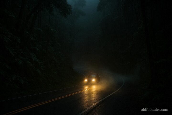 Dark misty mountain road with sharp curve in Hawaiian forest and faint shadowy figure near trees representing Morgan’s Corner legend.