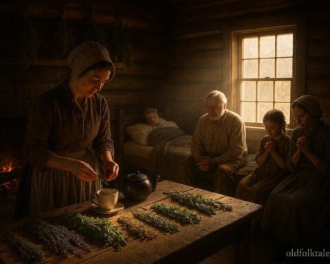 A Mormon pioneer woman prepares herbal remedies while family members pray in a Utah Territory cabin.
