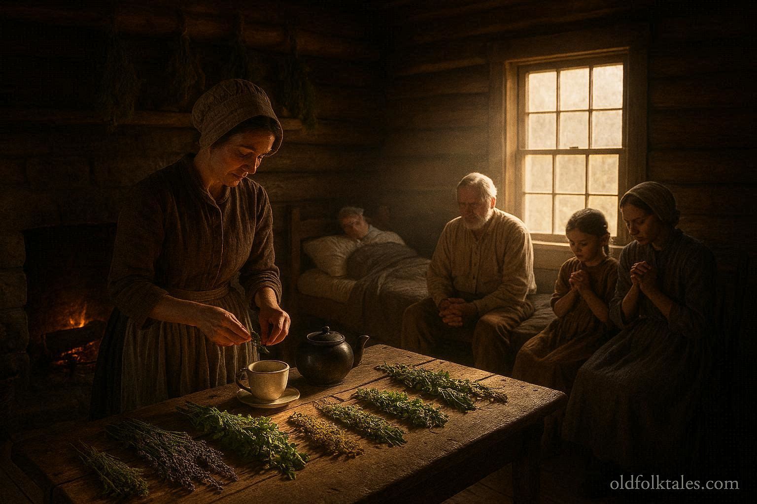 A Mormon pioneer woman prepares herbal remedies while family members pray in a Utah Territory cabin.
