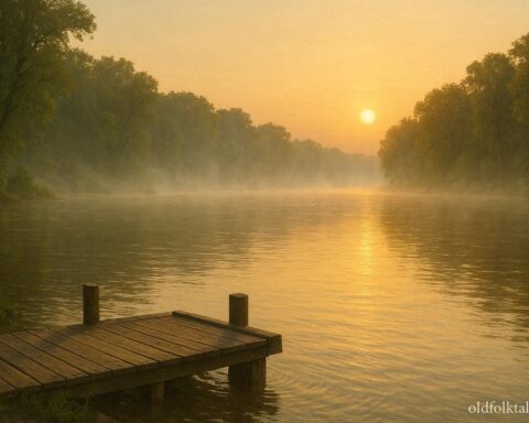 Soft white fog rises from the calm Mississippi River at sunrise as warm golden light reflects on the water and a wooden dock sits quietly in the foreground