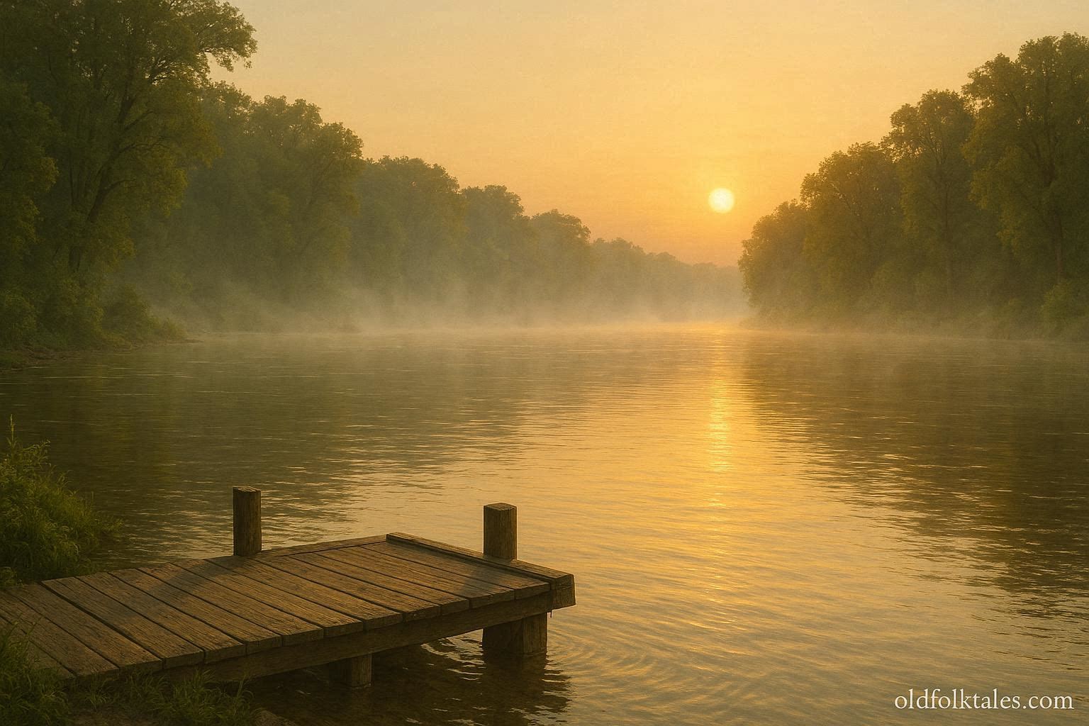 Soft white fog rises from the calm Mississippi River at sunrise as warm golden light reflects on the water and a wooden dock sits quietly in the foreground