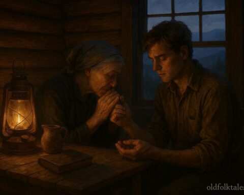 An Appalachian healer whispers a sacred verse while holding a young man’s wounded hand inside a mountain cabin.