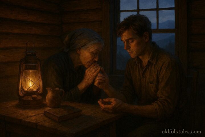 An Appalachian healer whispers a sacred verse while holding a young man’s wounded hand inside a mountain cabin.