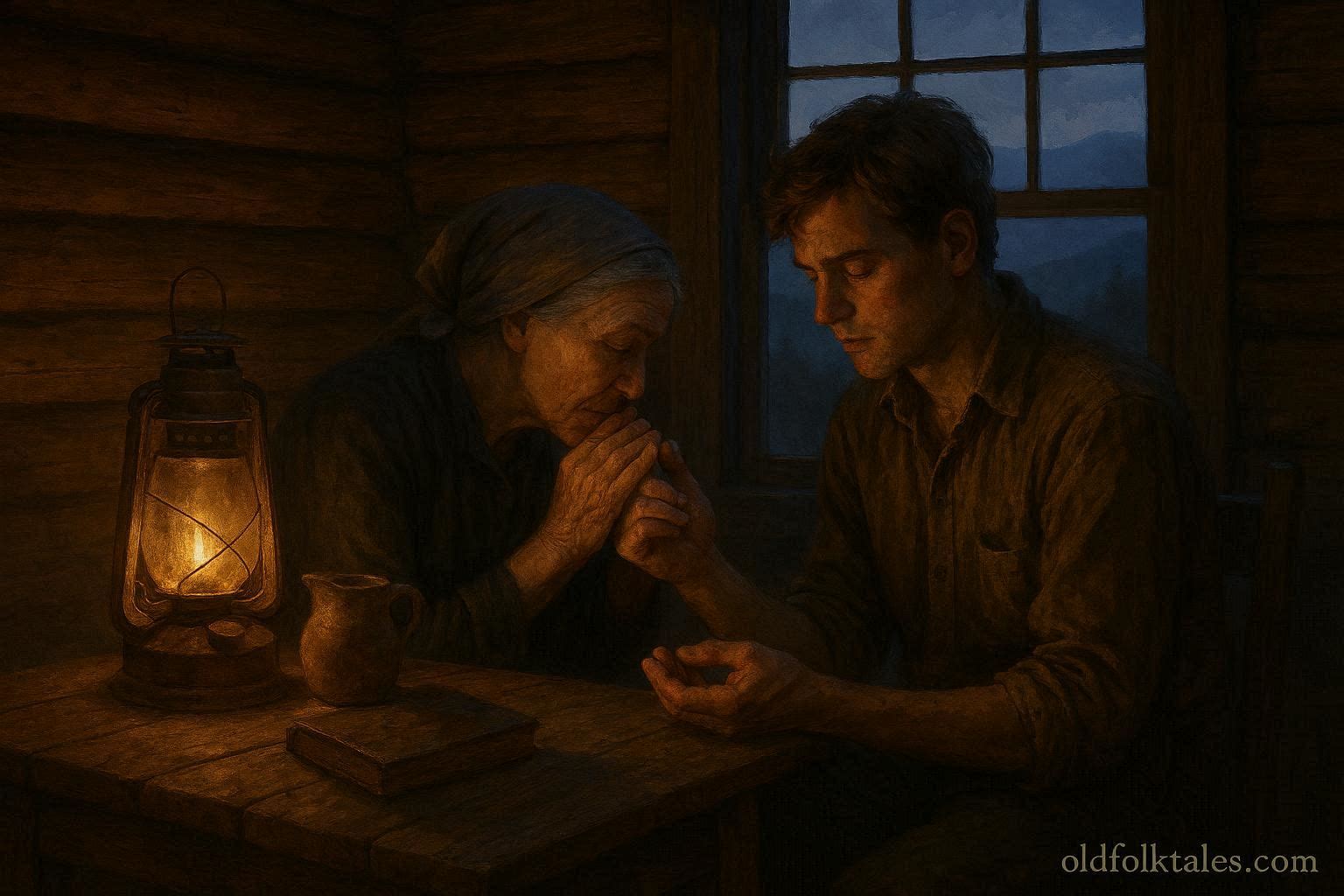 An Appalachian healer whispers a sacred verse while holding a young man’s wounded hand inside a mountain cabin.