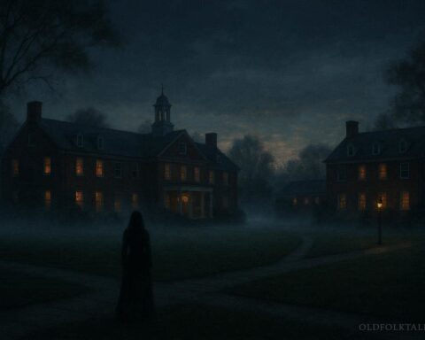 A shadowy female figure in a long dress walking the grounds of Foxcroft School at dusk in Virginia.