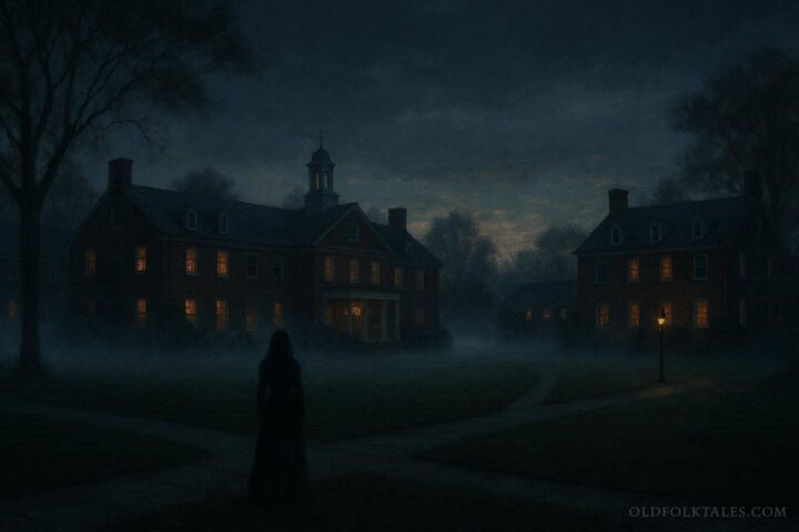 A shadowy female figure in a long dress walking the grounds of Foxcroft School at dusk in Virginia.