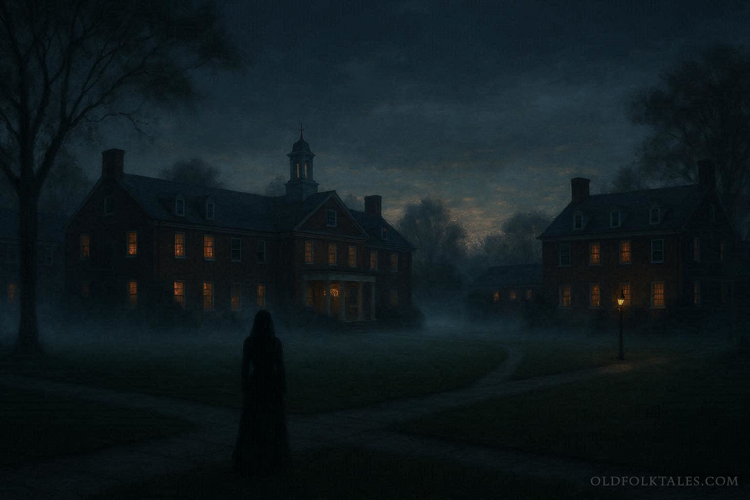 A shadowy female figure in a long dress walking the grounds of Foxcroft School at dusk in Virginia.