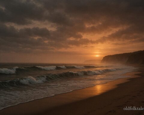 Montauk beach at sunset with mist over water, evoking the mysterious legend of the Montauk Monster.