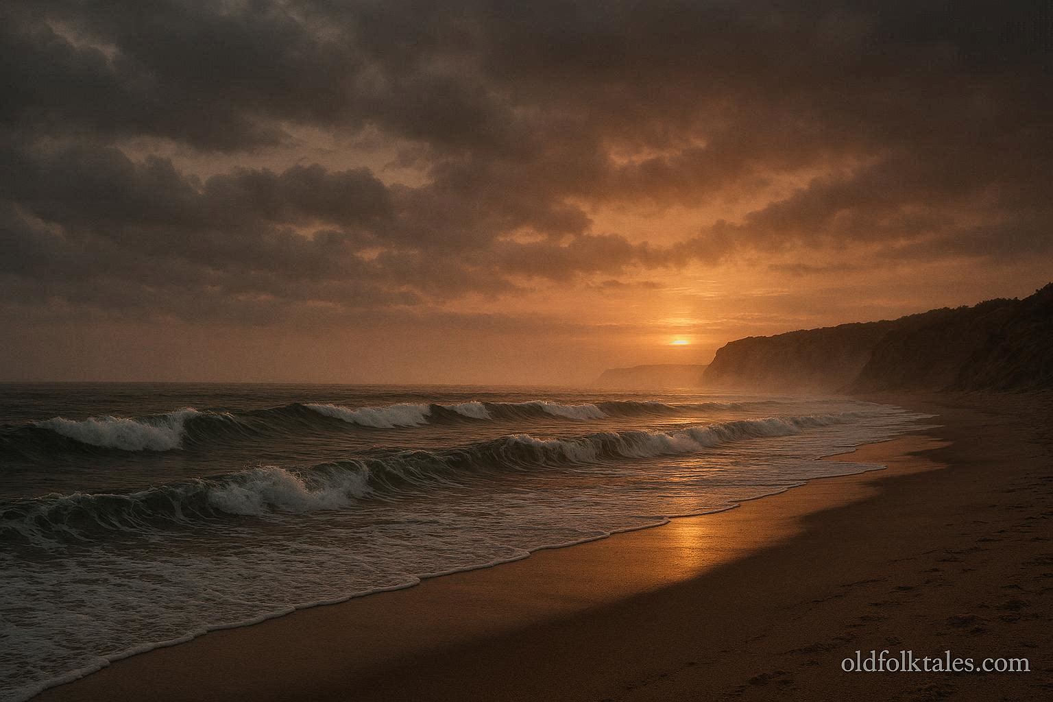 Montauk beach at sunset with mist over water, evoking the mysterious legend of the Montauk Monster.