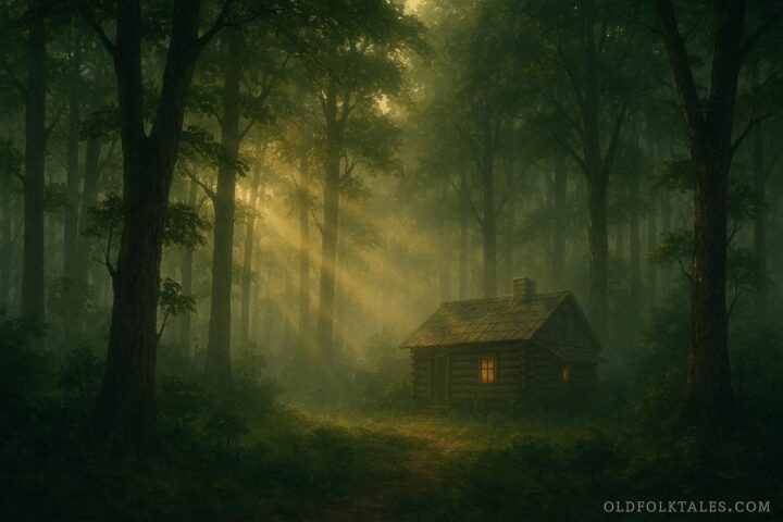 Oklahoma forest with a small log cabin surrounded by trees, representing the wilderness home of Ned Christie in Indian Territory.
