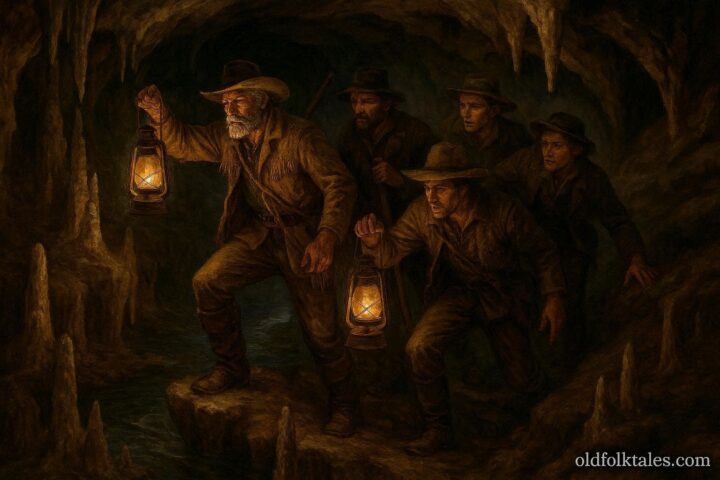 Ozark cave explorers descending dark twisting caverns with lanterns, exploring underground rivers and formations