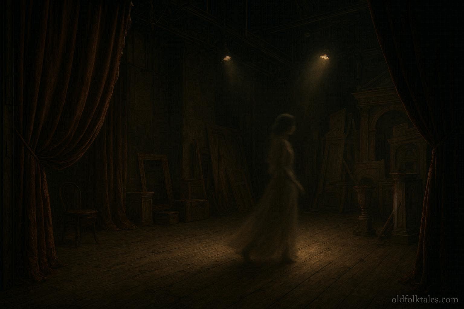 A faint shadowy figure moving silently among props and curtains backstage at a historic opera house in Macon, Georgia.