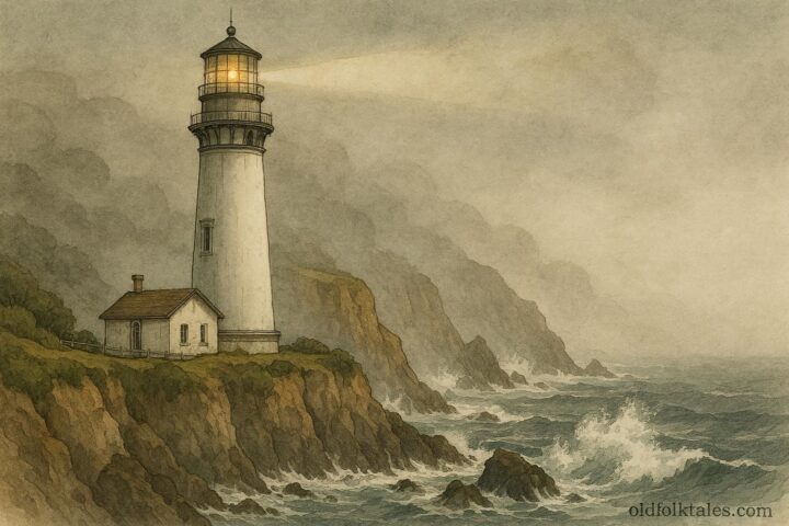 Point Sur Lighthouse on California cliffs with foggy coastline, associated with maritime ghost stories