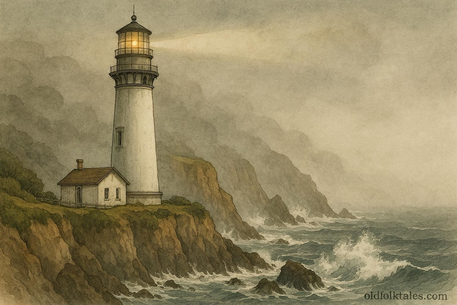 Point Sur Lighthouse on California cliffs with foggy coastline, associated with maritime ghost stories