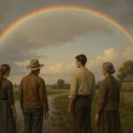 People quietly observing a rainbow in a rural American landscape without pointing