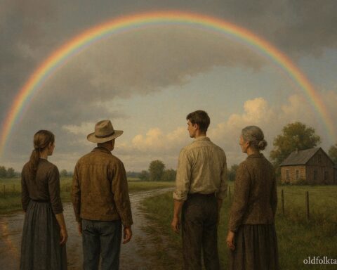 People quietly observing a rainbow in a rural American landscape without pointing