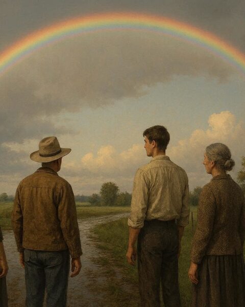 People quietly observing a rainbow in a rural American landscape without pointing