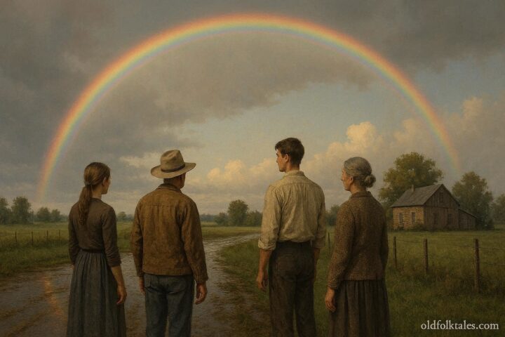 People quietly observing a rainbow in a rural American landscape without pointing